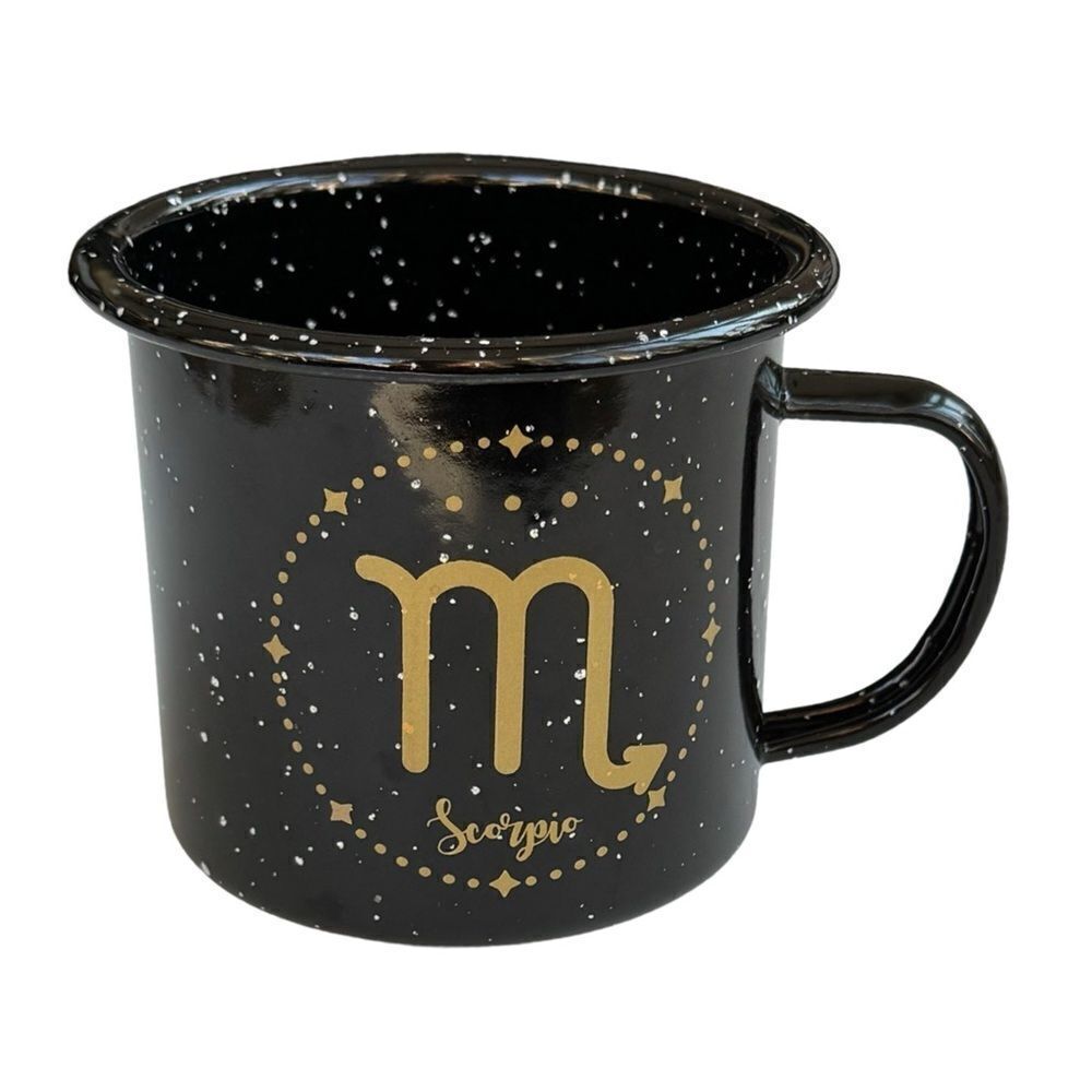 Scorpio Astrology 18 oz Enamel Campfire Mug Zodiac Symbol Black White & Gold NWT